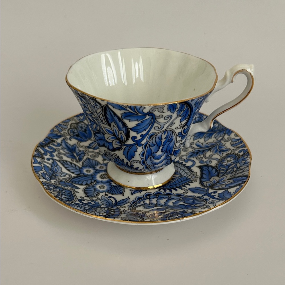 Vintage Rosina Bone China Blue Floral Teacup and Saucer Set Made In England